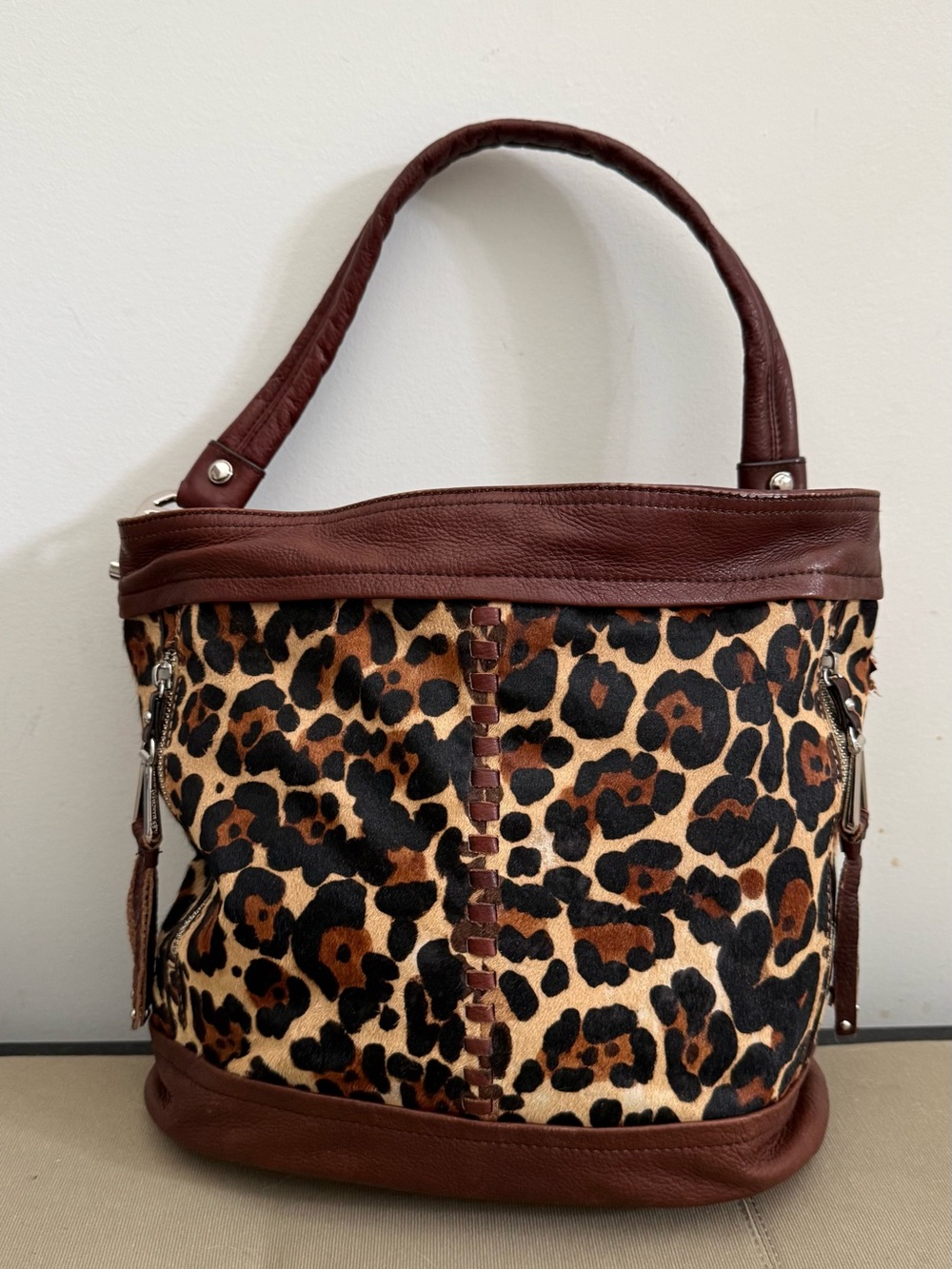gorgeous bag ! B Makowsky ANDREA Brown Calf Hair & Leather Bucket Hobo